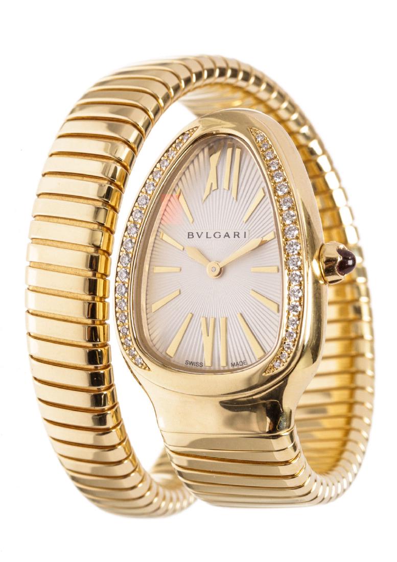 Bvlgari 18k Watch: Brand: Bulgari Model: Serpenti Tubogas 35mm Condition: Gently Loved Color: Yellow Gold Material: Yellow Gold Dimensions: Size: 35mm Face Description:18k yellow gold curved case set with round brillian