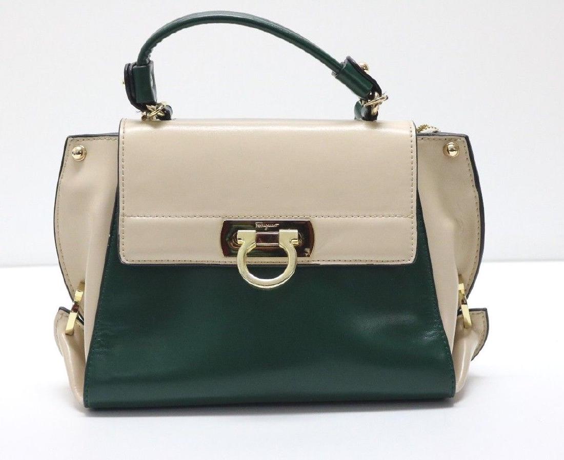 Ferragamo Satchel Handbag: Salvatore Ferragamo Satchel handbag with detachable strap B2288 Deep green and beige Made in Italy Genuine Leather Pre-owned Good Condition 7 out of 10 Some wear to exterior Notable scuffs and marks o