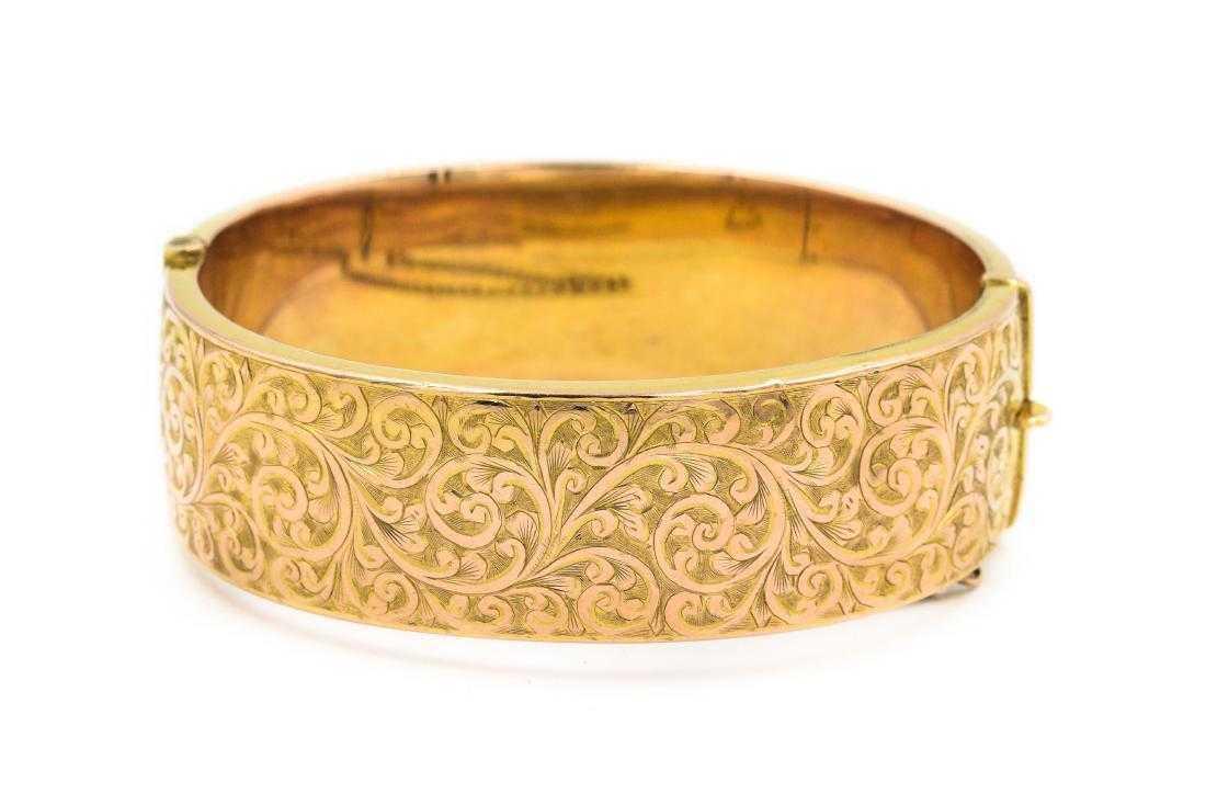 Victorian Wide Bangle: Victorian Yellow Gold Engraved Wide Bangle by Birks; 9k yellow gold; 15.5dwt/25.0g; 7 1/2" CONDITION Art Deco/Vintage - NOTE: small dent (jeweler can definitely fix)