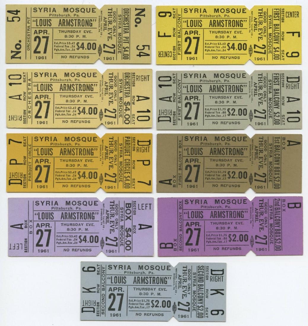 1961 Unused Concert Ticket - Set of Nine (9) Tickets: Featured Art Collectible: 1961 Unused Concert Ticket - Set of Nine (9) Tickets Louis Armstrong Description: Hereâ€™s a set of nine original (printed before the concert) unused complete concert ti