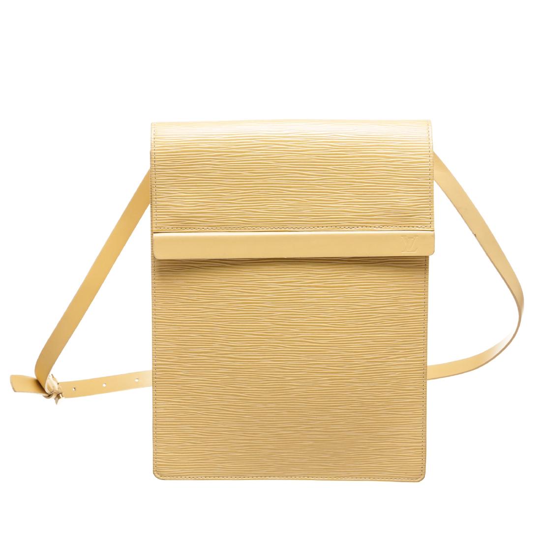 Louis Vuitton Pale Yellow Epi Leather Ramatuelle: Brand:Louis Vuitton Style:Yellow Epi Leather Ramatuelle Shoulder Bag Description:Overall flap with double magnetic button closure. Interior is leather lined with side slip pocket Measurements:8.5"x2"x