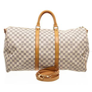 Louis Vuitton Damier Azur Canvas Leather Keepall 55 cm: Brand:Louis VuittonStyle:Damier Azur Canvas Leather Keepall 55 cm Bandouliere Duffle BagDescription:Cream and Bluedamier azur coated canvas Louis Vuitton Keepall BandouliÃ¨re 55 with brass