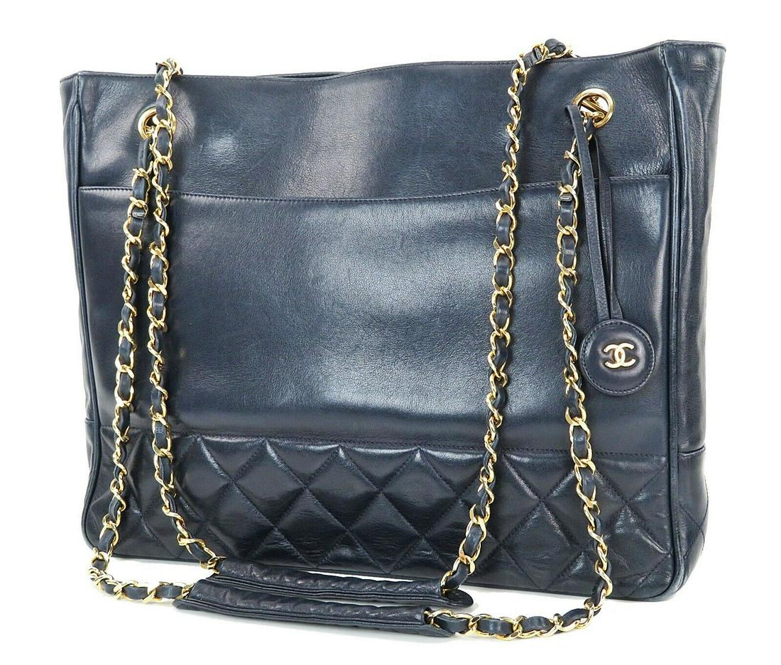 CHANEL Blue Quilted Leather Tote Gold Chain Shoulder: Brand: Chanel Style: Vintage CHANEL Blue Quilted Leather Tote Gold Chain Shoulder Bag Description: CHANEL Tote Bag . Blue Leather , Gold chain and leather shoulder straps. 1 outside open pocket. 2 ins