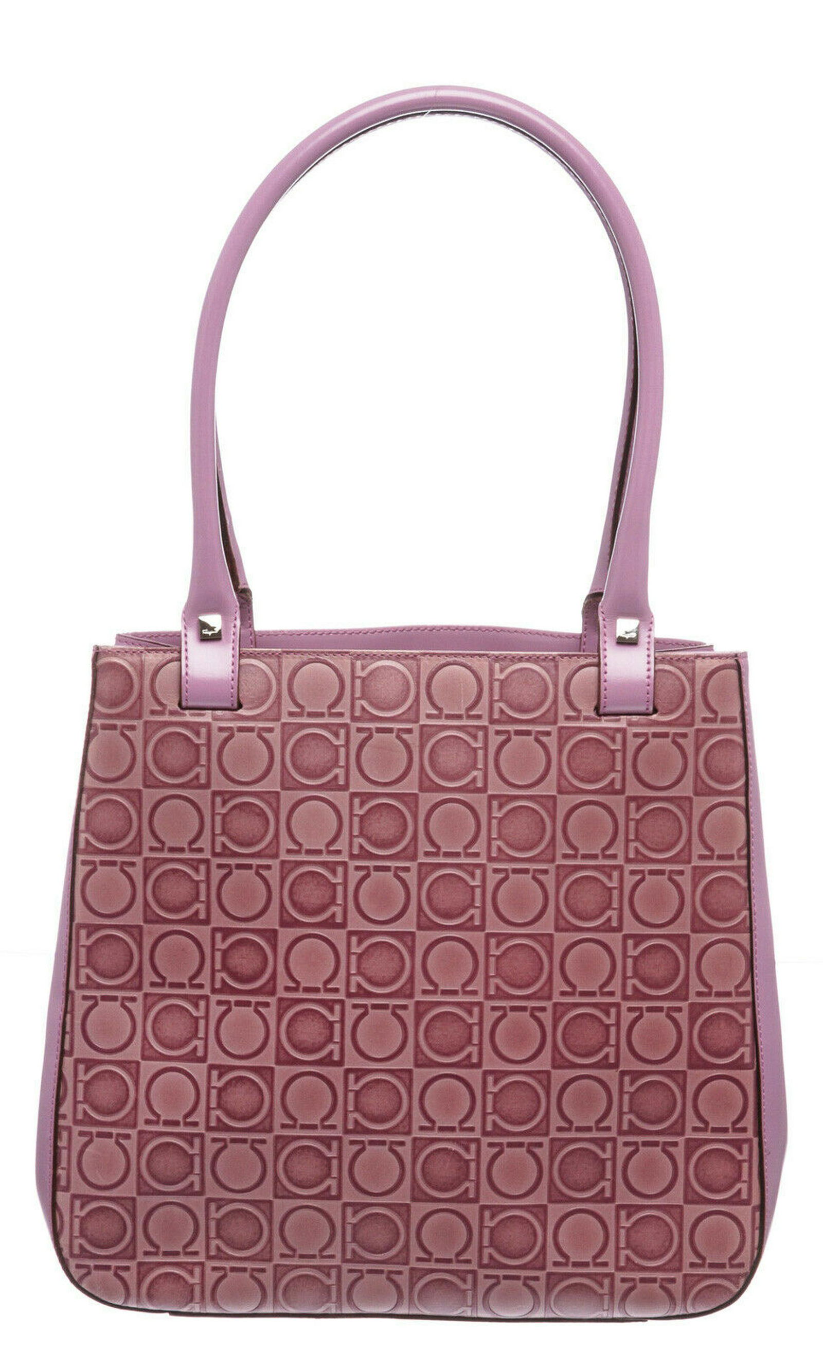 Salvatore Ferragamo Leather Shoulder Handbag: Brand: Salvatore Ferragamo Style: Purple Embossed Leather Shoulder Handbag Dimensions: 10"x2.75"x9.75" Shoulder Straps: 8" Description: Crafted out of purple embossed leather, silver tone hardware, du