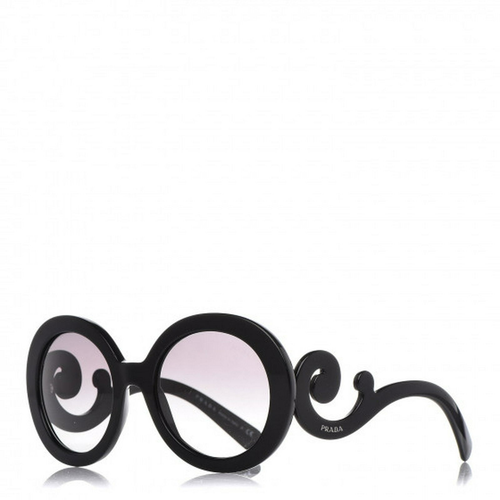 Prada Sunglasses: Brand: PRADA Style: Baroque Sunglasses SPR 27N Black Details: Feature a retro style black frame with round rims, lenses in a gradient shade of gray, decorative swirl arms at the hinge and a silver Pra