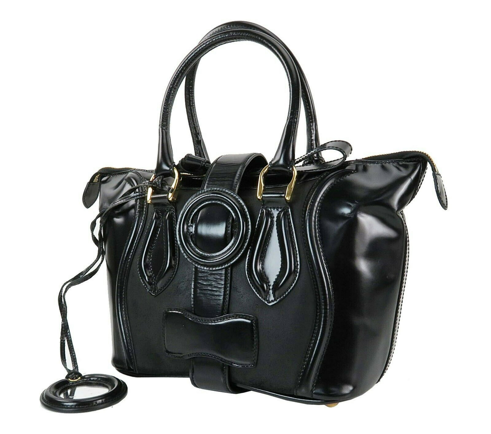 BALENCIAGA Patent Leather Tote Bag: Brand: BALENCIAGA Style: Black Patent Leather Hand Tote Bag Purse Description: Black Patent Leather Hand Tote Bag Purse, inside zipper pocket Measurements: Size in inches (approx.):W 14.1 x H 8.6 x D 