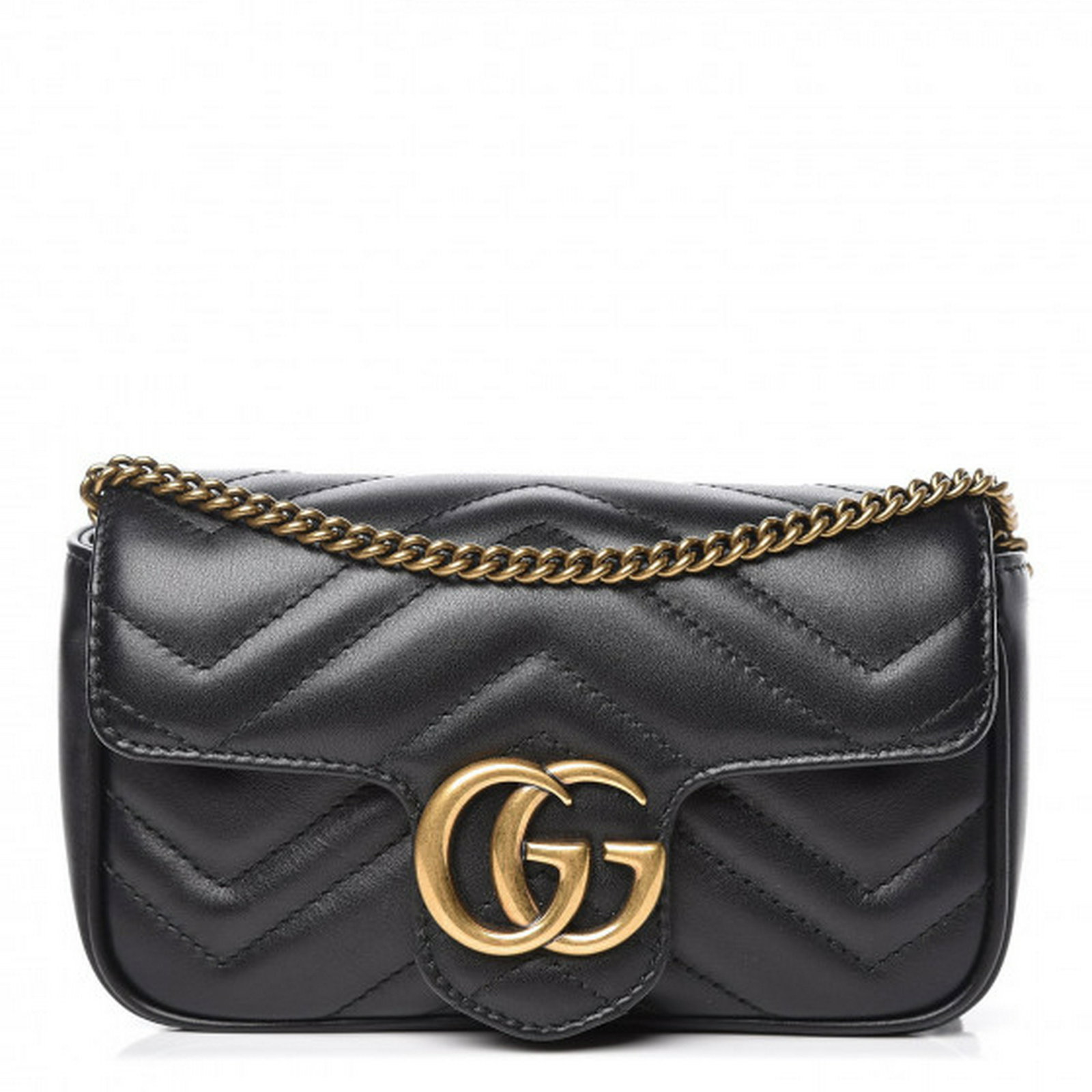 Gucci Calfskin Shoulder Bag: Brand: Gucci Style: Black Calfskin Matelasse Super Mini GG Marmont Description: GUCCI Calfskin Matelasse Super Mini GG Marmont shoulder bag features an optional aged gold chain shoulder strap and an i