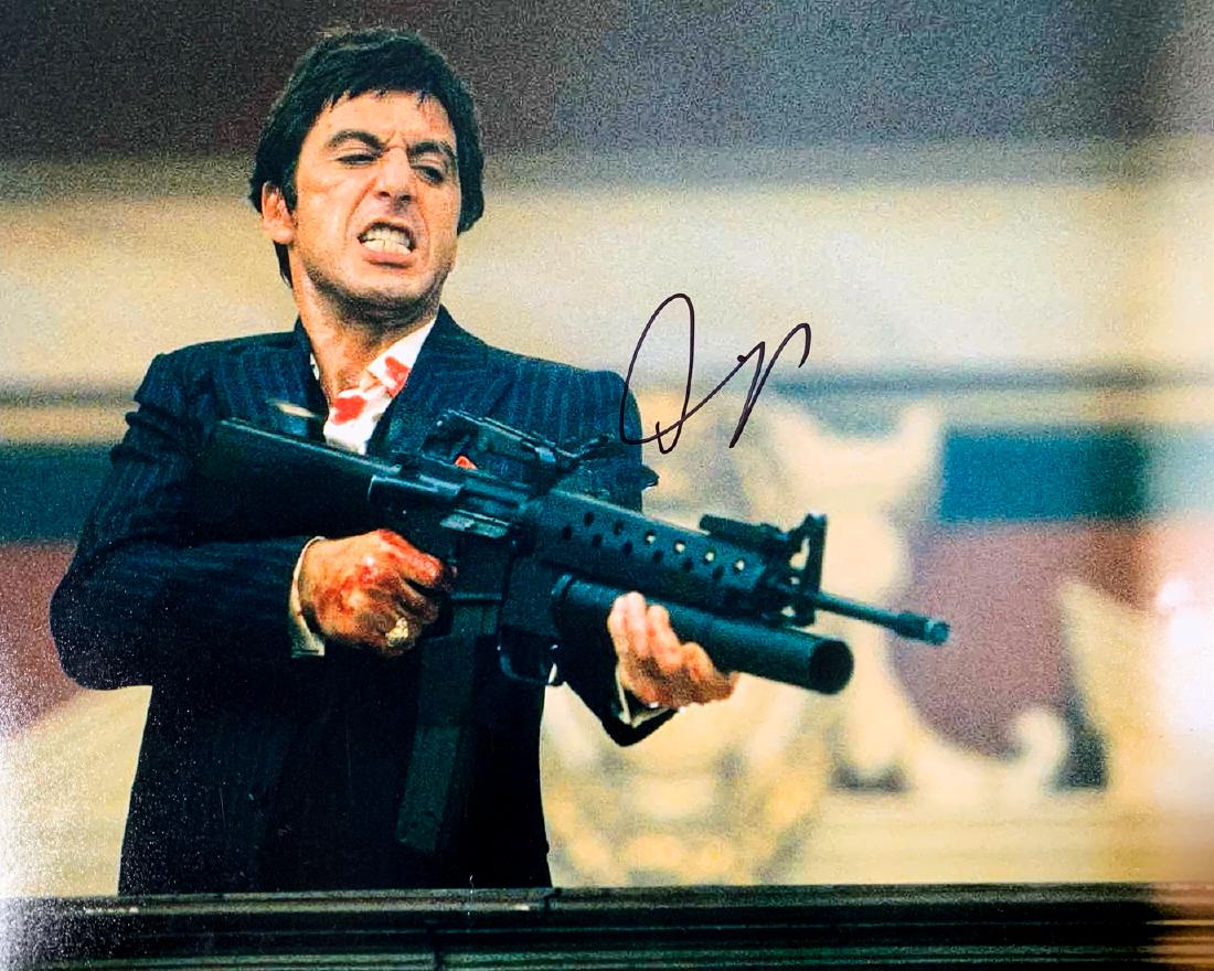 "SCARFACE" Al Pacino Signed 11x14 Action Photo: "Say Hello to my Little Friend!!" Awesome signed 11x14 action scene photo by Al Pacino as 'Tony Montana' from "Scarface".