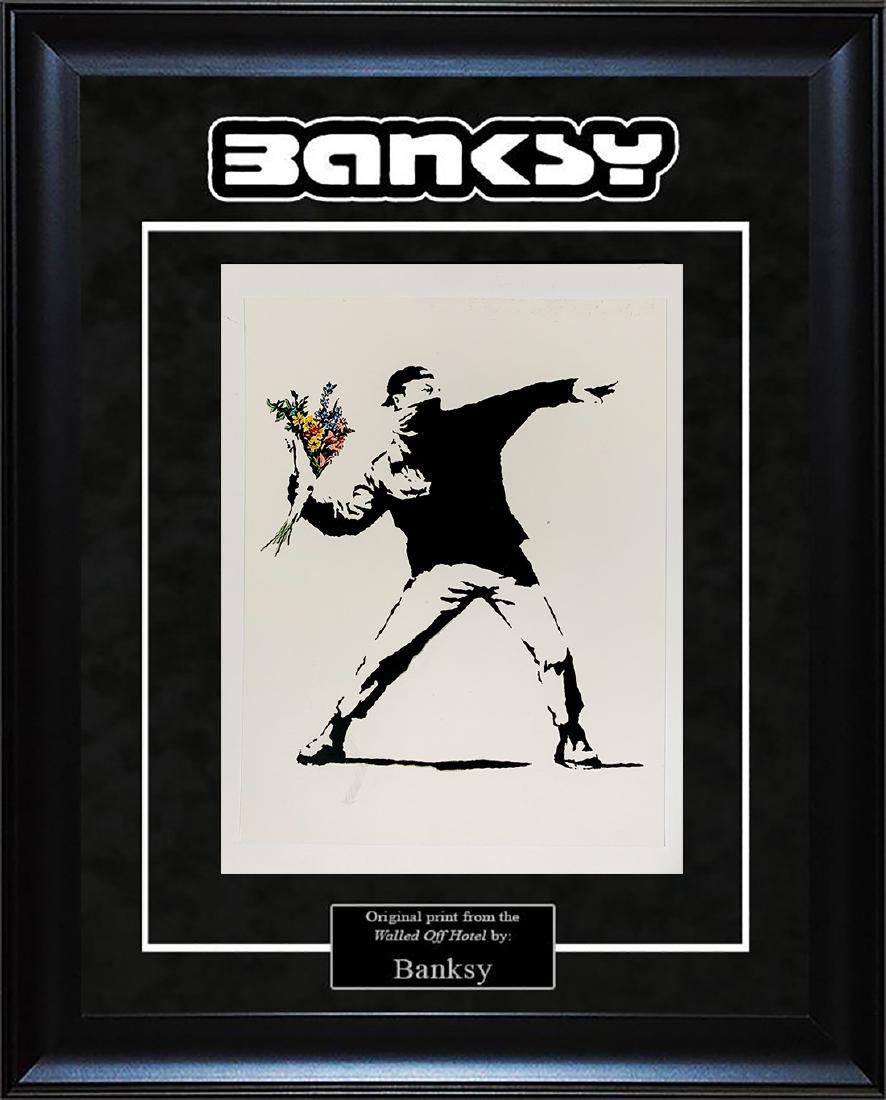 BANKSY 'Rage Flower Thrower' Walled Off Hotel Original: An original 'Rage Flower Thrower' 8x10 print, one of his most famous and iconic, purchased from the actual "Walled Off Hotel" gift shop (custom laser-cut logo included, FRAME NOT INCLUDED).