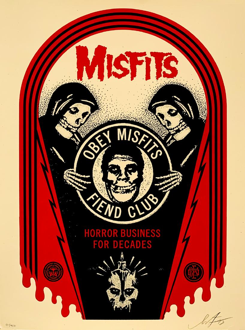 SHEPARD FAIREY 'Misfits: Horror Business' (white): Shepard Fairey (b. 1970 in Charleston, S.C.). In 1989, while at Rhode Island School of Design studying for his Bachelor of Fine Art in Illustration (which he earned in 1992), Shepard Fairey created th