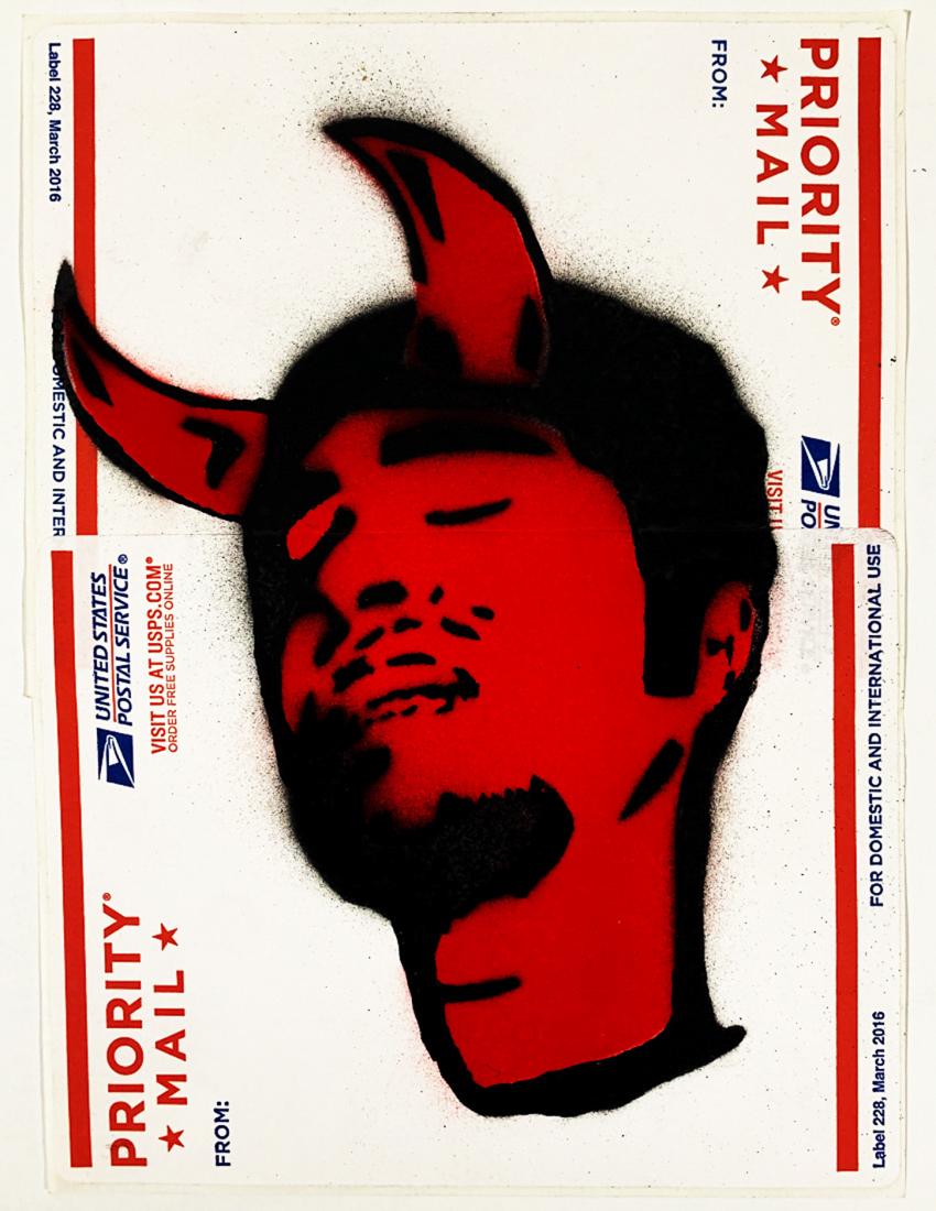 DANNY AYALA Original Spray Paint Art on USPS Label: 'El Diablo' by Danny Ayala 5.5 x 7.25 Inches Spray/Stencil on USPS shipping label. Original Work (#1/1) ARTIST BIO Danny Ayala, a visual artist orig. from Mexico City. As more and more go