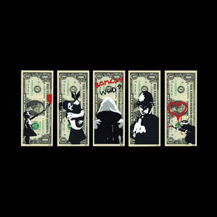 KASH ART by KASTELLAN 'Banksy Pack' Hand-Painted: 'Banksy Pack' Kash Art by Kastellan, 2017 6 x 13.75 Inches (combined) Original spray/stencil art on 5x $1 US banknote (not printed). Hand-Painted Multiple Edition of only 100 (#31/100) Due to manual w