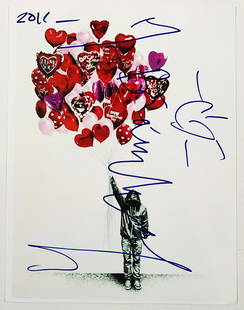 MR. BRAINWASH 'Love is in the Air' Signed Photo Print: 'Love is in the Air' by Mr. Brainwash, 2011 8.5 x 11 Inches Laser-color image of the artist's work on high-quality photo paper with large, AUTHENTIC dated (2011) signature. We all can't afford Mr. Bra