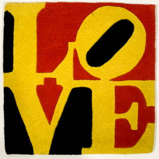 ROBERT INDIANA 'LOVE' (yellow/black/red) Hand-Tufted: â€˜LOVEâ€™ by Robert Indiana, 2006 24 by 24 Inches Hand-tufted, carved wool rug-tapestry based on his famous original work from 1964. Limited Edition of 999 (#231/999). Yellow/black/red color