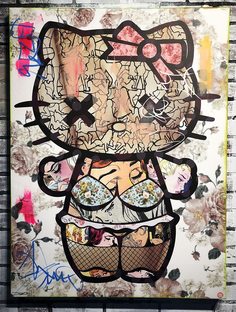 DILLON BOY 'Hello Pussycat' Original Mixed Media Giclee: ‘Hello Pussycat’ (Hello Kitty) by Dillon Boy, 2019 30 x 40 Inches (ships rolled) Unique mixed media (spray paint, acrylic) on giclee canvas. Original work (#1/1) Comes signed by the artist, both f
