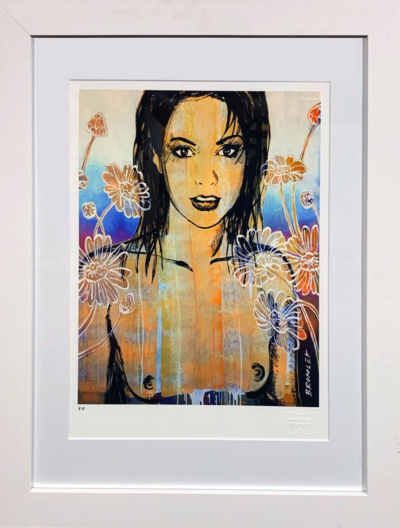DAVID BROMLEY 'Belinda with Flowers' Limited Edition: 'Belinda with Flowers' by David Bromley 18.5 x 22.5 x 1.15 Inches Abstract giclee print on fine art paper. Limited Edition (Rare Printers Proof P/P) Signed in the plate by Bromley, numbered in pencil
