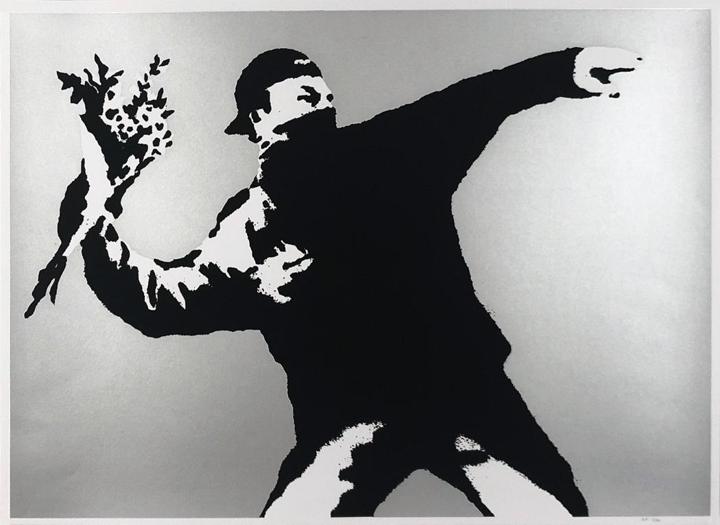 BANKSY (after) 'Love is in the Air' (silver) Screen (1 of 6)