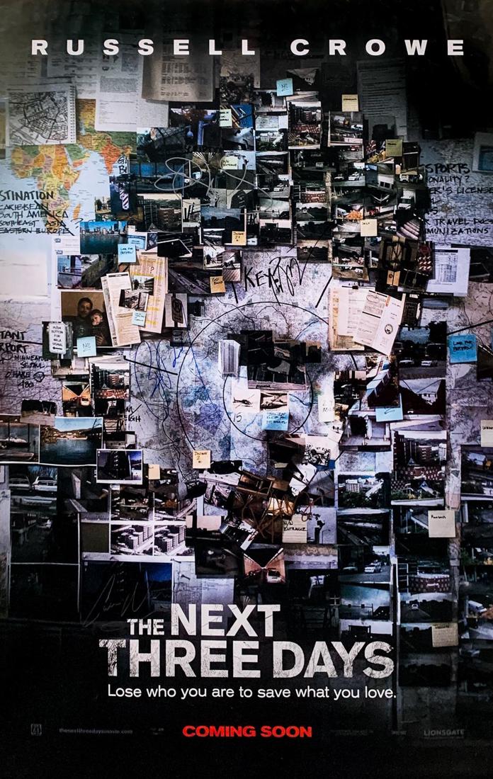 "Next Three Days" Cast Signed Movie Poster: This is an in-person, cast signed movie poster from the 2010 thriller "Next Three Days." Signed by: Russell Crowe, Elizabeth Banks, Liam Neeson, Olivia Wilde and Brian Dennehy.