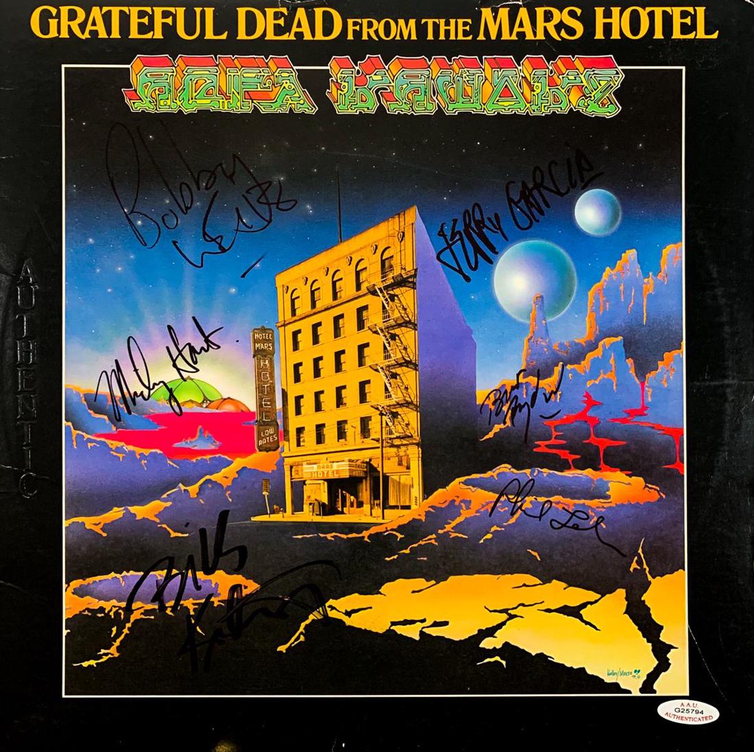 "The Grateful Dead" Signed "Mars Hotel" Album: RARE signed original 1974 'Mars Hotel' album by "Grateful Dead" members: Jerry Garcia (1942-1995), Phil Lesh, Bobby Weir, Mickey Hart, Bill Kreutzmann and Brent Mydland (1952-1990). Also includes addi