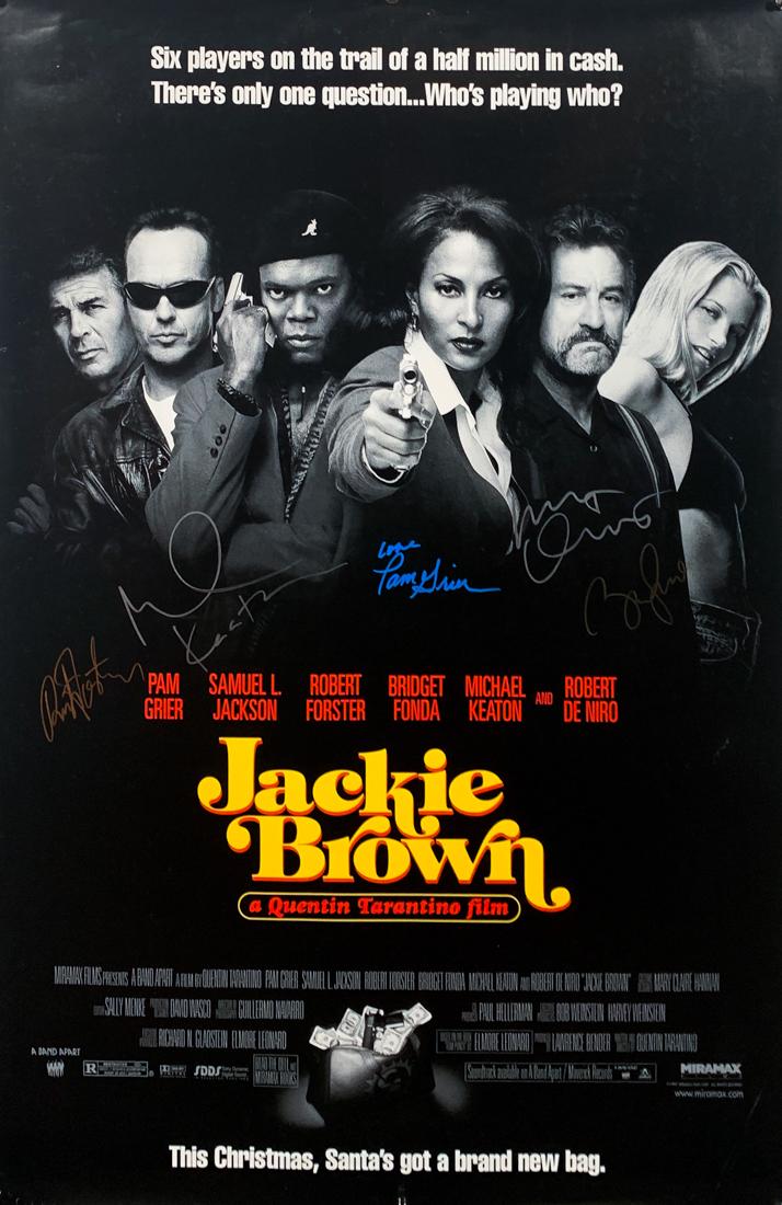 "JACKIE BROWN" Cast Signed Movie Poster: In-Person cast signed full-size "Jackie Brown" (1997) movie poster by stars: Robert DeNiro, Michael Keaton, Pam Grier, Bridget Fonda and the late Robert Forster (1941-2019).