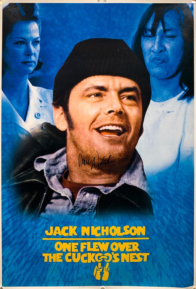 "ONE FLEW OVER the CUCKOO'S NEST" Jack Nicholson Signed: Another Classic!! Rare version full-size movie poster from the Oscar winning (1975 Best Picture!) film "One Flew Over the Cuckoo's Nest" by Hollywood icon Jack Nicholson.