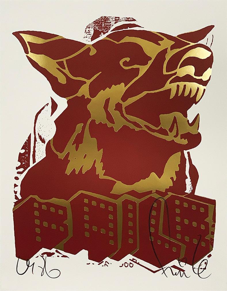 FAILE 'Faile Dog' (red/gold) Offset Print: 'Faile Dog' by Faile, 2018 Red/Gold variant. 22 x 28 Inches Offset Print with Gold Foil on thick, fine art paper. Open Edition (Sold Out) Hand-signed by the artists with artist's stamp en verso. <b