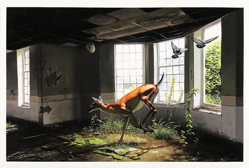 JOSH KEYES 'Afternoon of a Fawn' Tiny Showcase Print: 'Afternoon of a Fawn' by Josh Keyes, 2016 Part of the artist's Sold Out "Tiny Showcase" exhibit. 12 x 18 Inches Giclee print on 290gsm fine art paper. Numbered open edition (#3). Numbered en verso wit