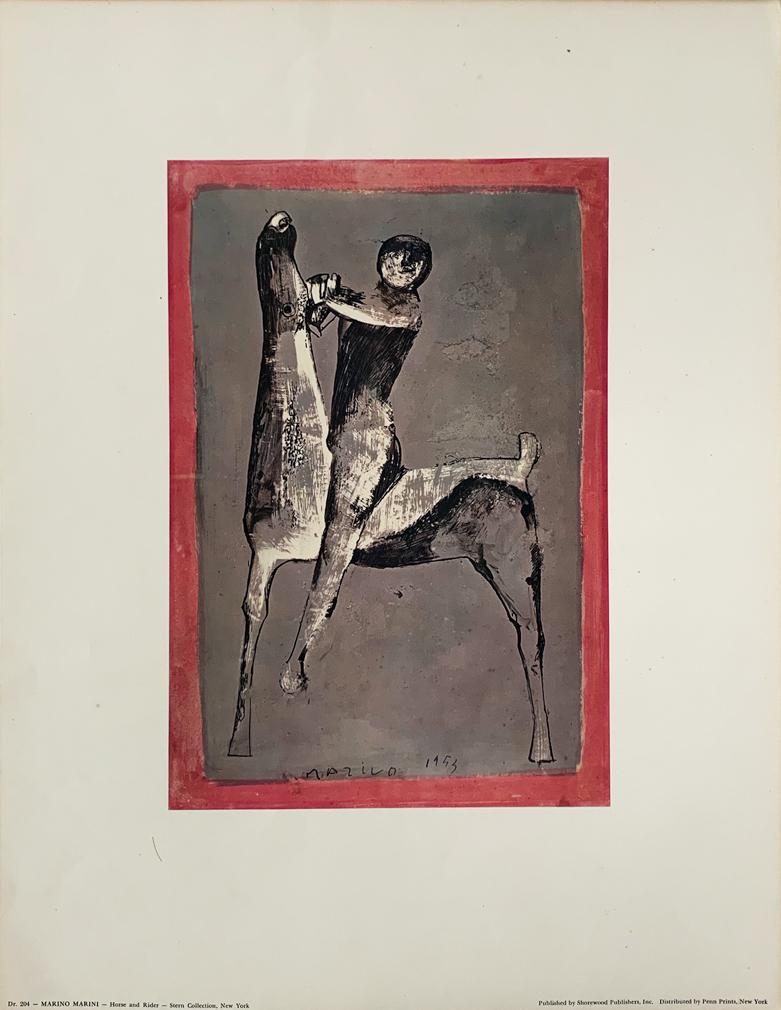 MARINO MARINI 'Horse and Rider' Vintage Lithograph: 'Horse and Rider' by Marino Marini, 1953 Stern Collection, New York. 14 x 18 Inches Vintage lithograph on thick, cream fine art paper. Non-Editioned Multiple. Signed and dated in the print by the arti