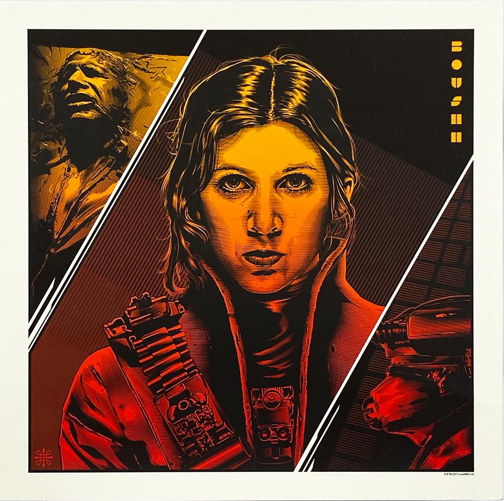 JEFF BOYES 'Boushh: Leia & Han' ("Star Wars") Screen: 'Boushh: Leia & Han' by Jeff Boyes, 2015 Licensed (Lucasfilm) "Star Wars: Return of the Jedi" themed fine art print. 18 by 18 Inches 4-color screen print on natural, 290gsm fine art paper. Open ed