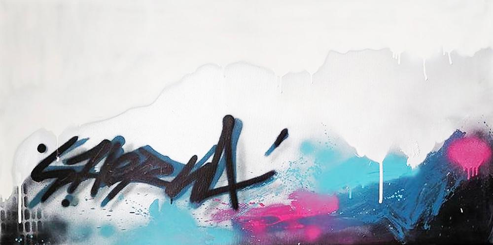 NASHER 'OT-0119' (Original Tag) Spray on Canvas: 'Original Tag-0119' (OT) by Nasher, 2019 29.5 x 53 Inches Unique Spray paint Tag on Canvas. Original Work (#1/1) Signed, titled and dated by the artist en verso. Also includes artist signed COA. ARTIS