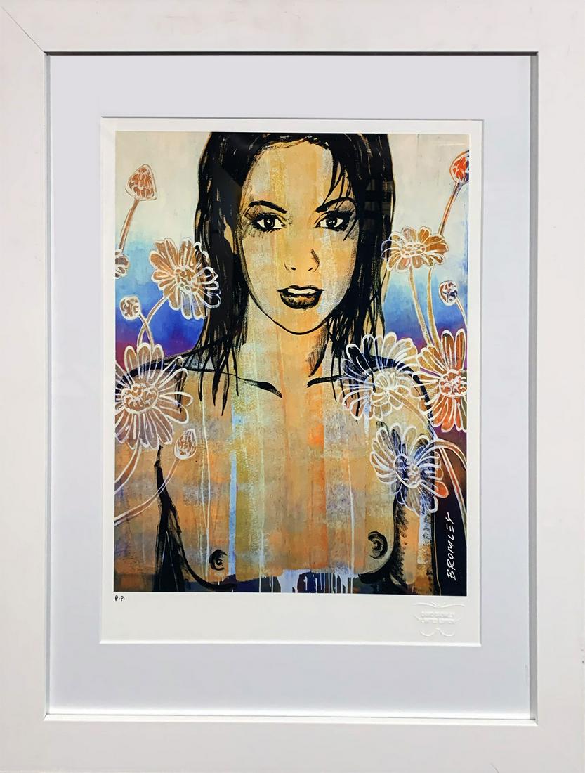 DAVID BROMLEY 'Belinda with Flowers' Limited Edition: 'Belinda with Flowers' by David Bromley 18.5 x 22.5 x 1.15 Inches Abstract giclee print on fine art paper. Limited Edition (Rare Printers Proof P/P) Signed in the plate by Bromley, numbered in pencil