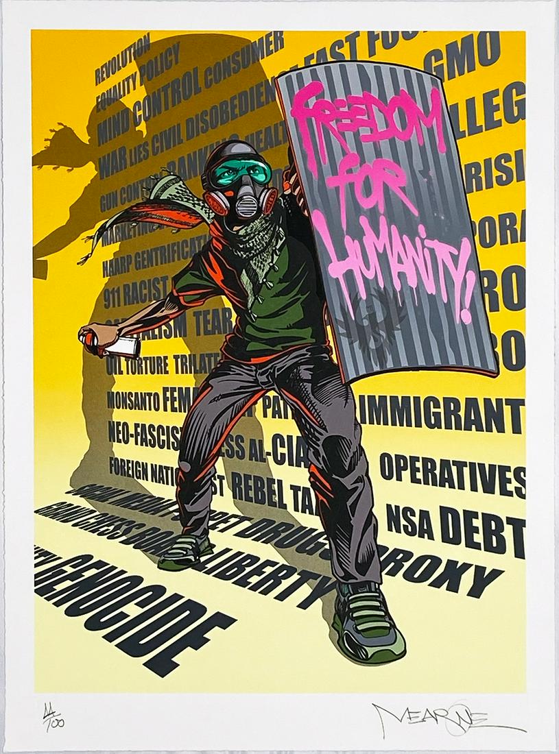 MEAR ONE 'Freedom for Humanity' Serigraph: 'Freedom for Humanity' by Mear One, 2014 Collab. with artist Tony Clough. 20 x 27 Inches 14-color screen print serigraph on hand-deckled 290gsm Coventry fine art paper. Limited Edition of 100 (#44/100