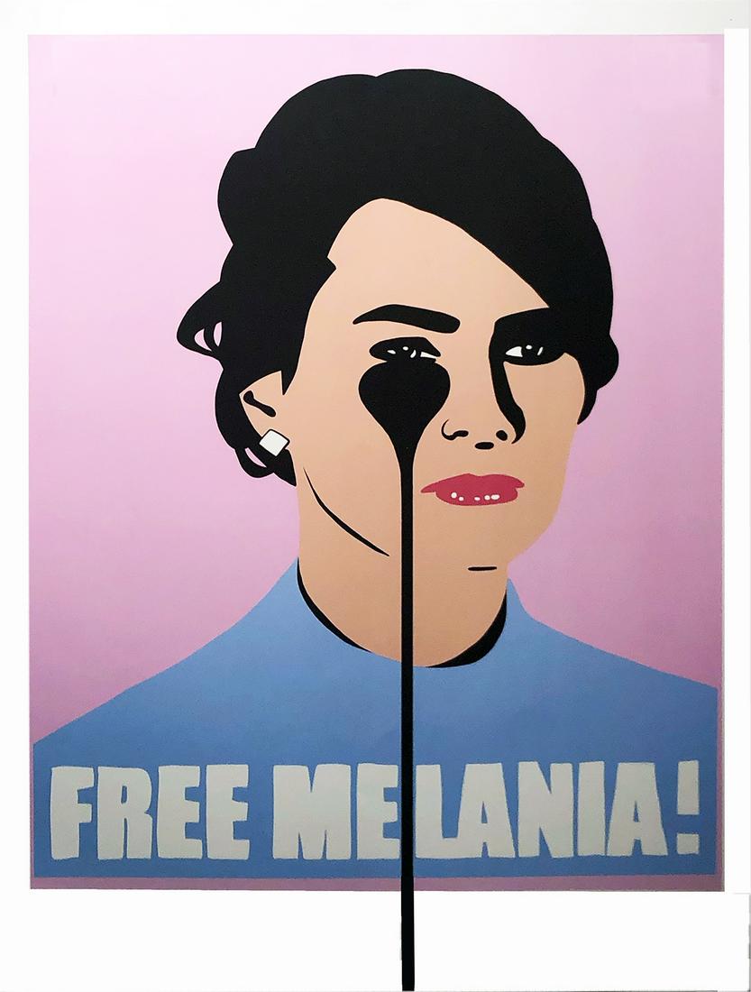 PURE EVIL 'Free Melania' Offset Lithograph: 'Free Melania' by Pure Evil, 2018 18 x 21 Inches Offset lithograph print on fine art paper. Limited Edition of 250 (Sold Out, not-numbered). ABOUT THE ART "I think Mel
