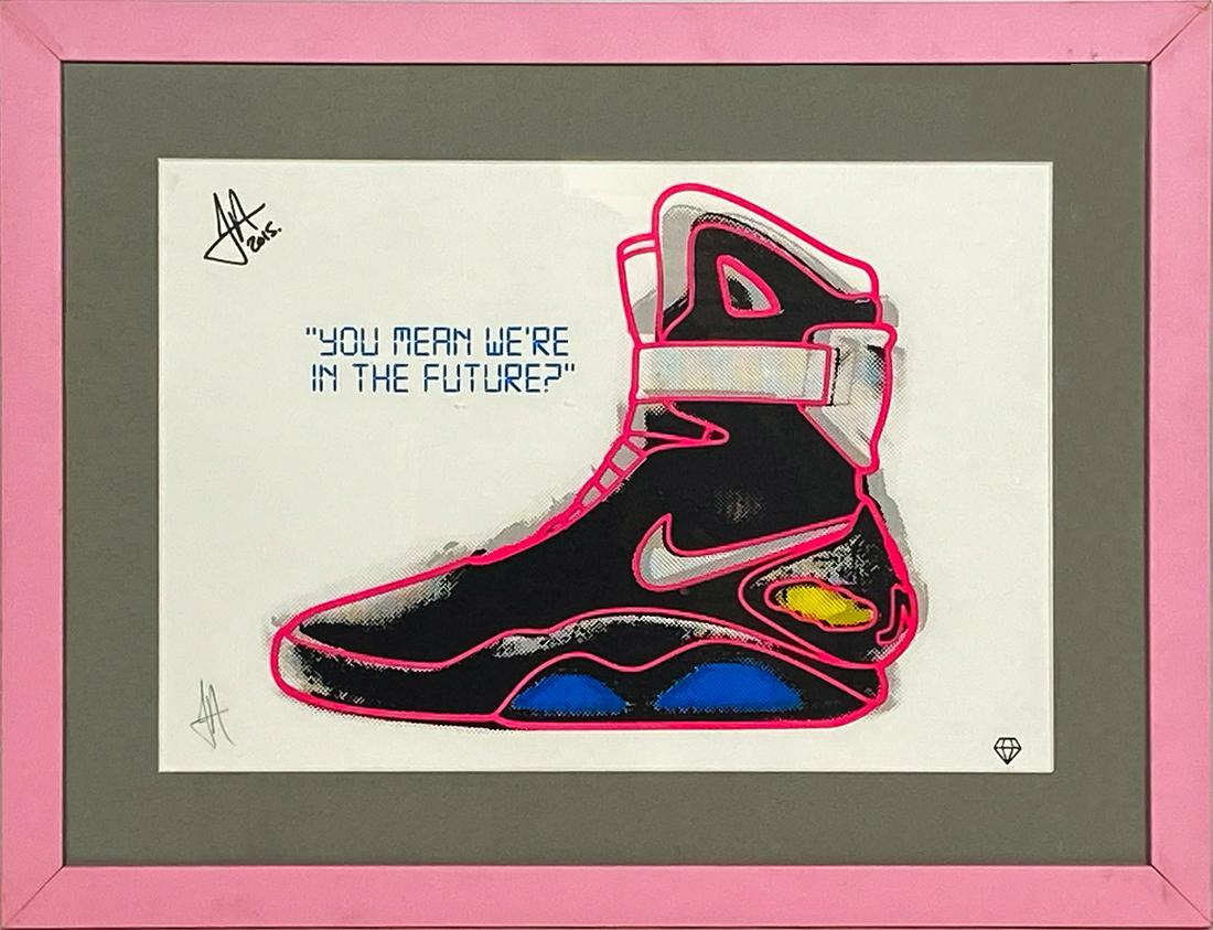 JJ ADAMS 'We're in the Future' Screen Print Framed: 'We're in the Future' by JJ Adams, 2015 Pop art homage to the cult-classic "Back to the Future". 16.75 x 22 Inches Screen print on white, fine art paper. Custom framed in grey suede matting and pink f