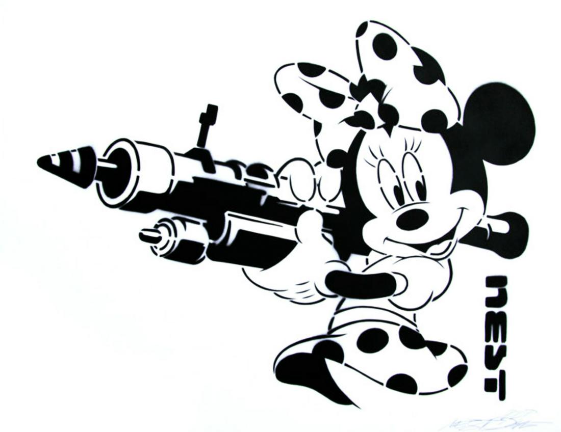 NEST 'Banksney Mina Lisa' HPM Banksy Tribute: 'BANKSNEY Mina Lisa' by Nest, 2017 BANKSNEY is a tribute to Banksy's work. This is a crossover between Banksy's art and Disney Characters. 19.5 x 25.5 Inches Original Hand-Painted Multiple, Aerosol/St