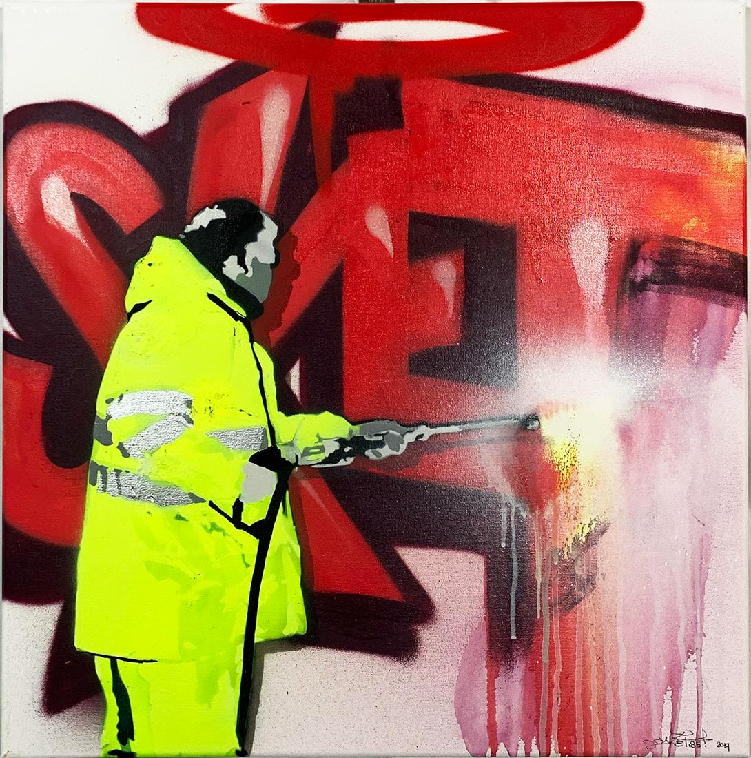 SKET185 'Me Versus the Cleaner' Original Stencil/Canvas: **HELP STOP THE SPREAD OF COVID-19** 25% of Auction Proceeds will go to