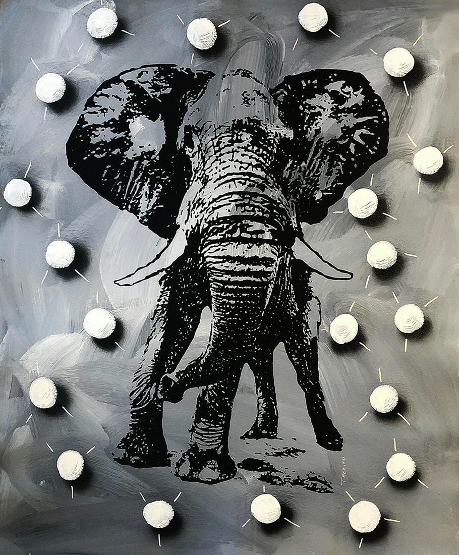 TONY AZZITO 'Elephant Pop' (grey) Original Mixed Media: **HELP STOP THE SPREAD OF COVID-19** 25% of Auction Proceeds will go to