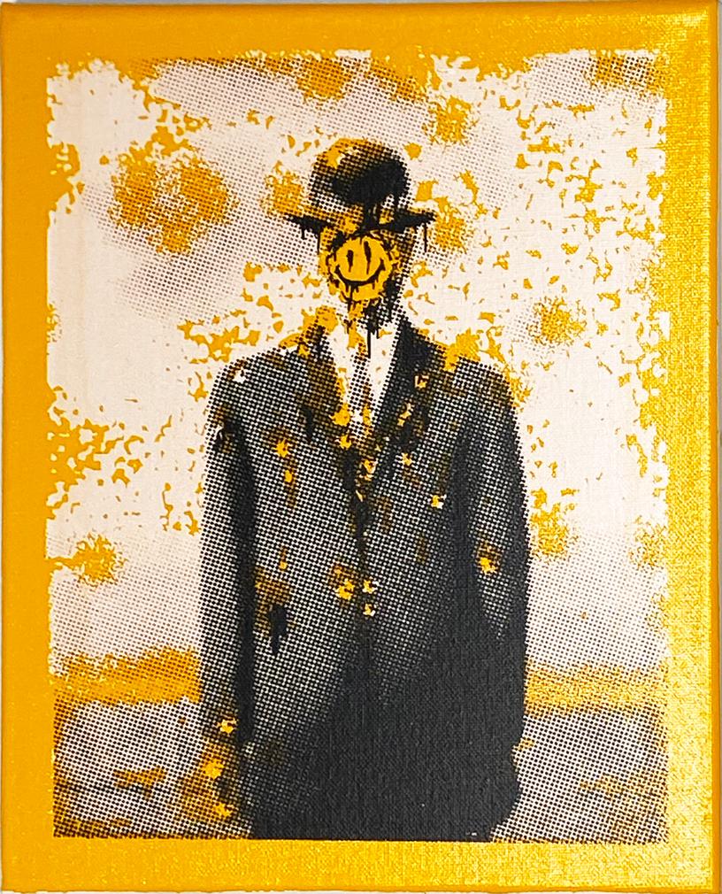 RYCA 'Acid Smiley Man' Hand-Painted Multiple: 'Acid Smiley Man' by RYCA aka Ryan Callanan, 2016 Homage to Rene Magritte's 'Son of Man'. 10 x 12 x 0.5 Inches Hand-painted spray/stencil on cotton canvas. Professionally stretched and mounted. Hand-P