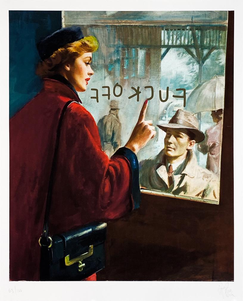 PURE EVIL 'Social Distancing' Giclée Print: 'Social Distancing' by Pure Evil, 2019 Previously titled 'Strangers on a Train', renamed by artist for COVID-19 response. 19.5 x 24 Inches Giclée print on 300gsm Hannemuhle fine art paper. Limite