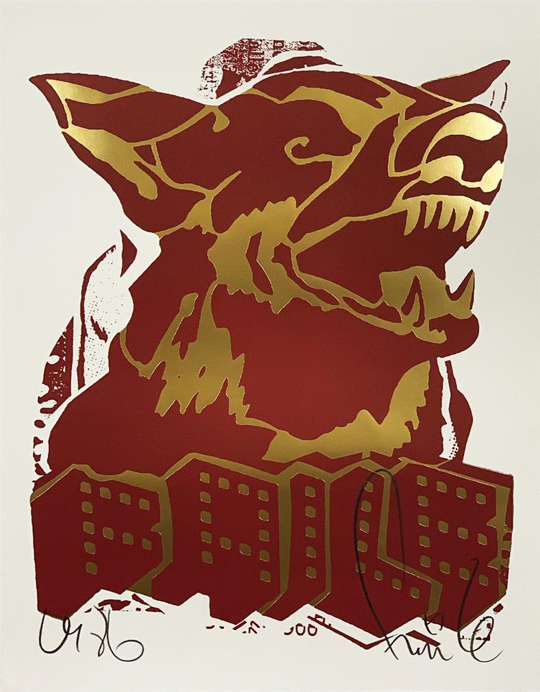 FAILE 'Faile Dog' (red/gold) Offset Print: 'Faile Dog' by Faile, 2018 Red/Gold variant. 22 x 28 Inches Offset Print with Gold Foil on thick, fine art paper. Open Edition (Sold Out) Hand-signed by the artists with artist's stamp en verso. AR