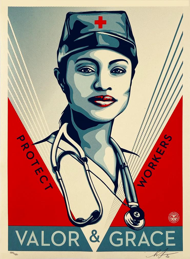SHEPARD FAIREY 'Valor & Grace Nurse' Screen Print: 'Valor & Grace Nurse' by Shepard Fairey, 2020 18 x 24 Inches Special release for COVID-19 with proceeds benefitting charity (see below). Screen print on cream, Speckletone fine art paper. Limited 