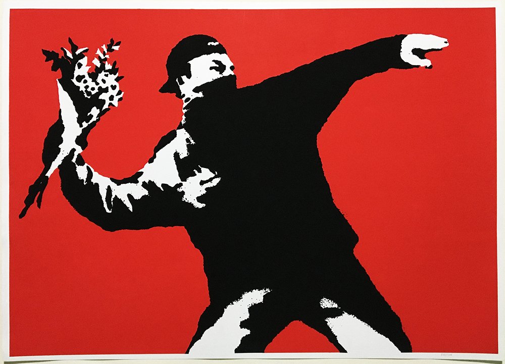 BANKSY (after) 'Love is in the Air' (red) Screen Print (1 of 9)