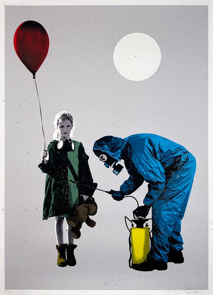 NEST 'Keep the Future Safe' HPM Giclée Print: 'Keep the Future Safe' by NEST, 2020 24.75 x 34.25 Inches Spray paint over giclée on 100% cotton 340gsm archival matte paper using Ultrachrome pigment inks. Hand-Painted Multiple edition of 20 (#2/20