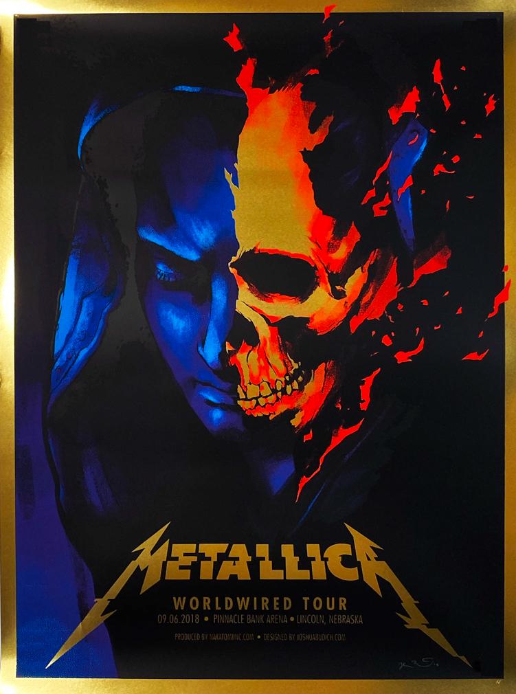 JOSHUA BUDICH 'Metallica (Lincoln, NE)' Gold Foil Print: 'Metallica' by Joshua Budich, 2018 Official gig poster from the band's show in Lincoln, NE. 18 x 24 Inches Screen print on 300gsm gold foil fine art paper. Limited Edition of 30 (RARE Artist Proof #A/
