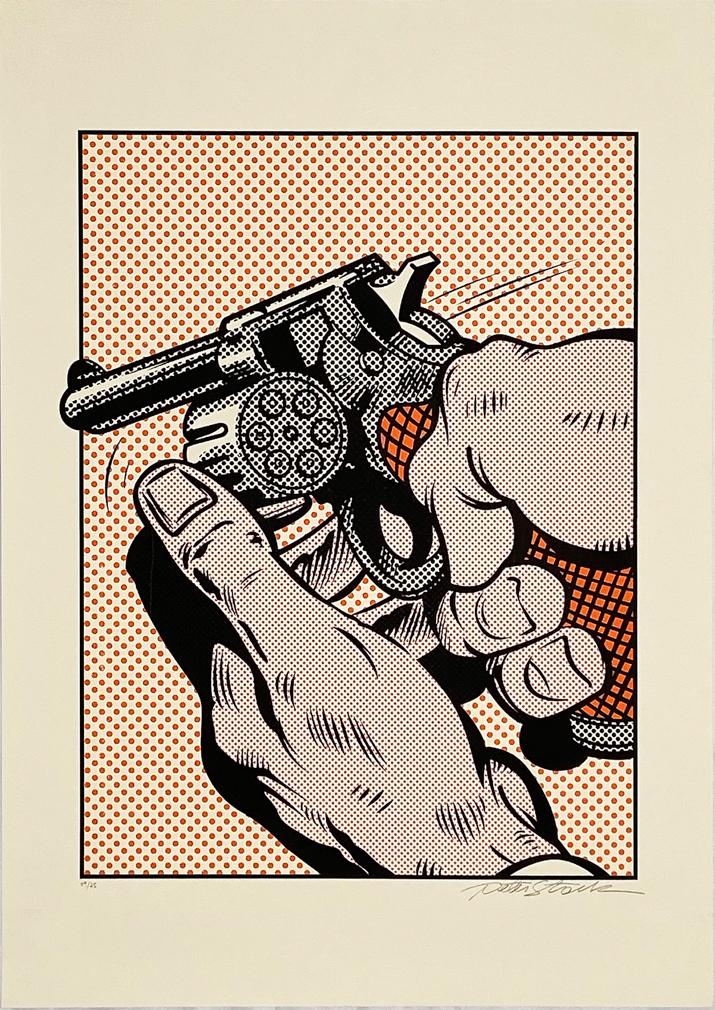 PETER STARK 'Gun' Giclee Print: 'Gun' by Peter Stark, 2017 Homage to both pop art icons Andy Warhol and Roy Lichtenstein. 19.75 x 27.5 Inches Giclee pigment print on cream, 320gsm fine art paper. Limited Edition of only 25 (#9/25) S