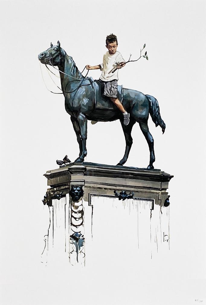 ERNEST ZACHAREVIC 'Fresh Start' Heliotrope Foundation: 'Fresh Start' by Ernest Zacharevic, 2020 Special edition print collab. with Heliotrope Foundation (see below). 13 x 19 Inches Archival pigment print on 210gsm Hahnemuhle 50% rag watercolor paper. Limi