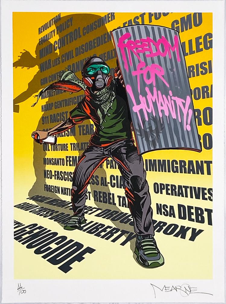 MEAR ONE 'Freedom for Humanity' Serigraph: 'Freedom for Humanity' by Mear One, 2014 Collab. with artist Tony Clough. 20 x 27 Inches 14-color screen print serigraph on hand-deckled 290gsm Coventry fine art paper. Limited Edition of 100 (#44/100