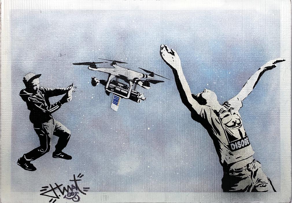 T.WAT 'Drone Strike' Original Spray/Stencil on: 'Drone Strike' by T.WAT, 2019 27.15 x 33.1 Inches Hand-painted spray paint/stencil on repurposed cardboard. Ships flat Original artwork (#1/1) Signed/stamped by the artist bottom left. ARTIST BIO T