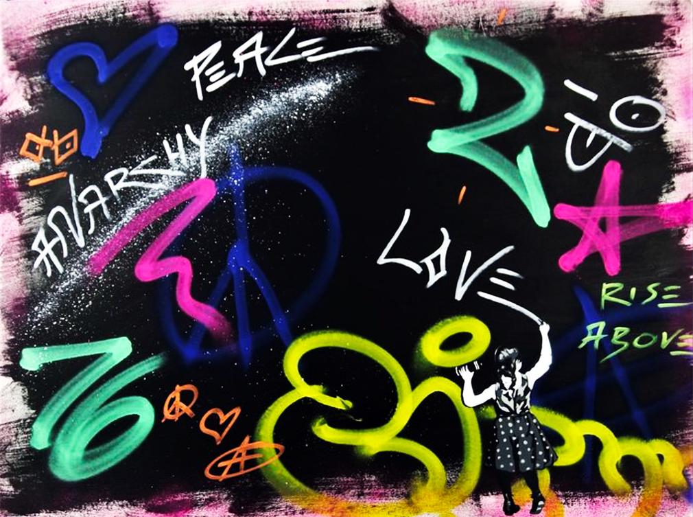 ZIEGLER T 'Lil' Tagging Girl' Original Mixed-Media on: ‘Lil Tagging Girl’ by Ziegler T, 2017 22 x 30 Inches Unique, hand-painted mixed media graffiti art on hand-pulled 300gsm deckled edge Fabriano fine art paper. Original artwork (#1/1) Hand-