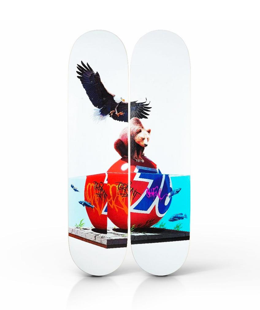 JOSH KEYES 'Lifted' Diptych Skateboard Deck Set: 'Lifted' by Josh Keyes, 2017 Diptych skateboard set by Skateptych. 8 x 31 Inches each. Screen print on 7-ply Canadian Maple hardwood skateboard deck. Limited Edition of 300 (#95/300) Hand-numbered on